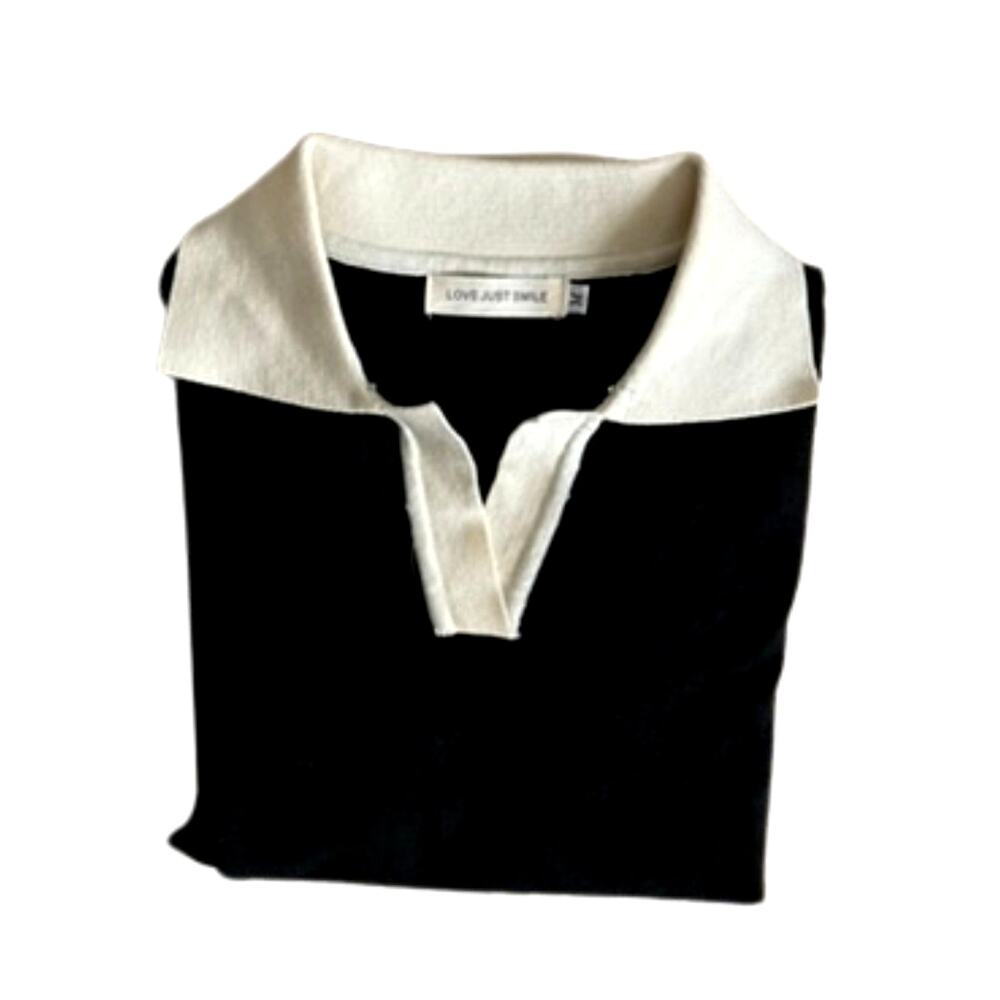 Black Contrast Collar Knit Sweater Top – Long Sleeve Preppy Style, Size M